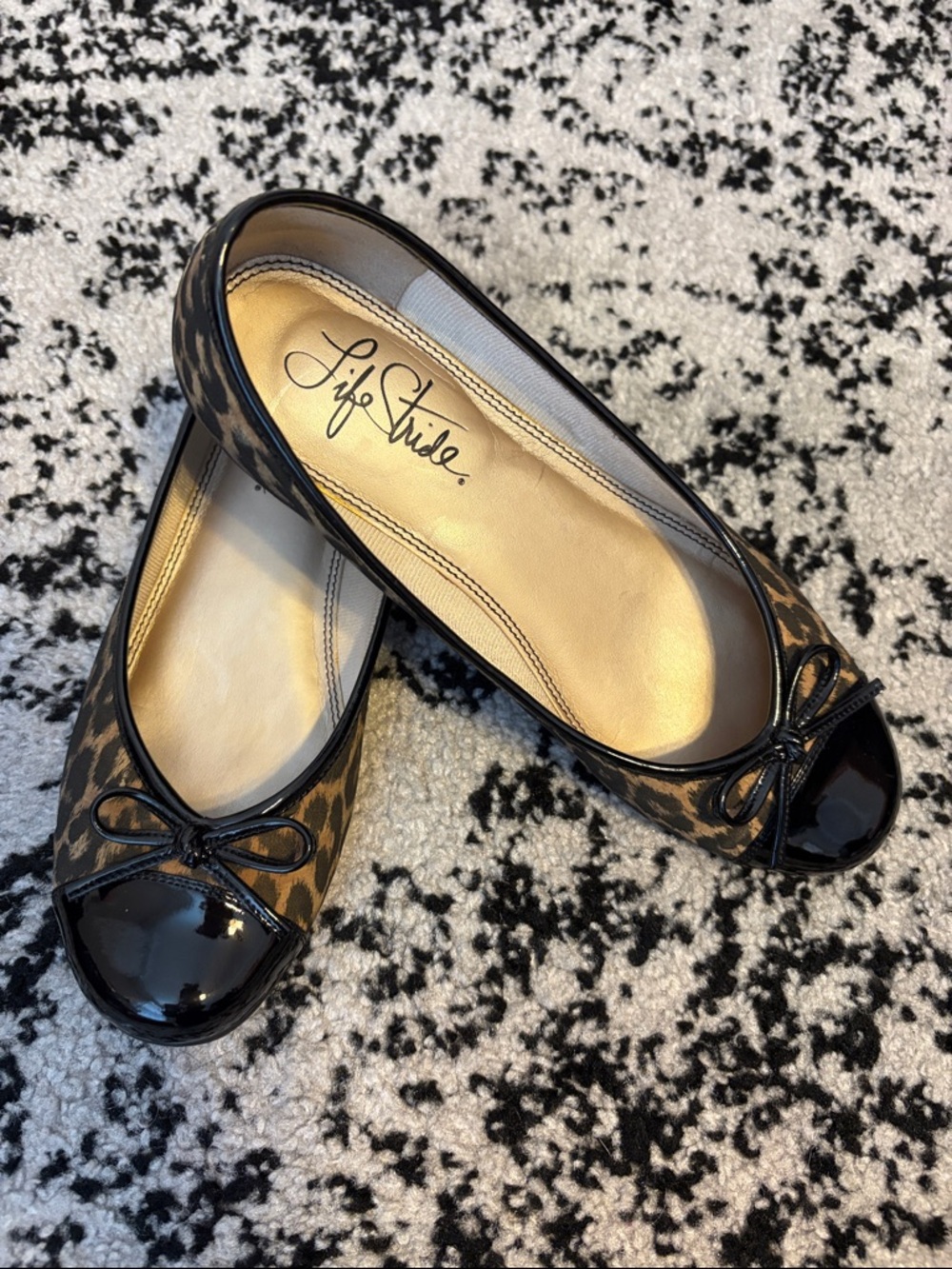 Life Stride Leopard Print Flats with Black Patent Cap Toe